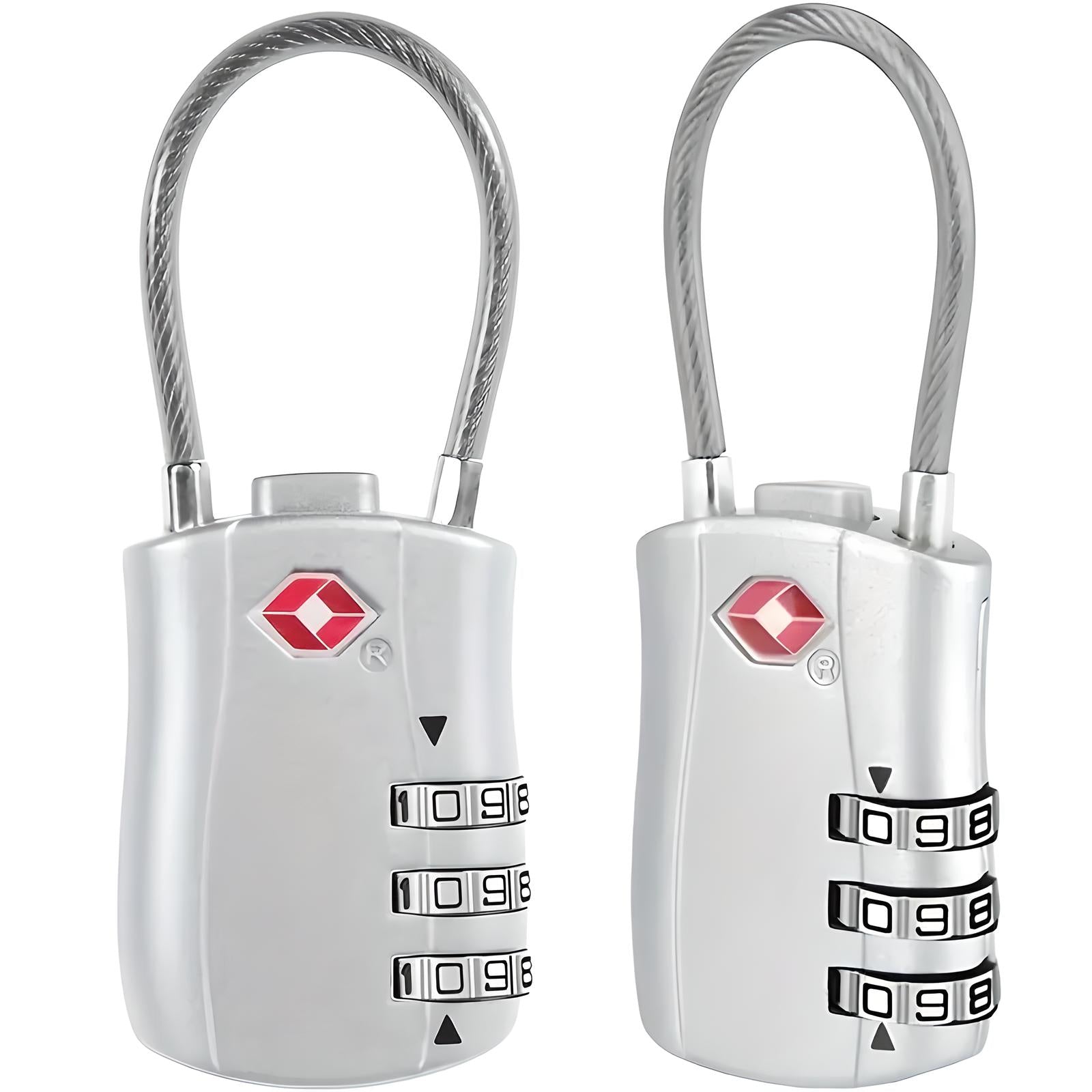 Silver TSA-approved combination luggage locks with flexible cable shackle, featuring three-digit dials for secure travel. Ideal for suitcases and backpacks.