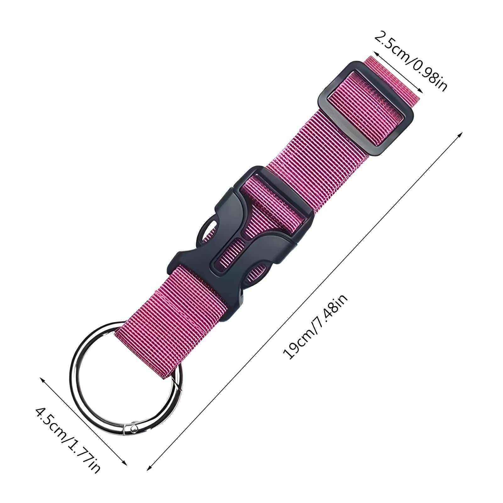 Pink adjustable nylon keychain with black plastic buckle and metal ring, dimensions labeled: 19cm length, 4.5cm width, 2.5cm buckle width.