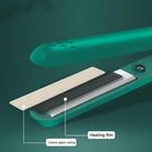 Green ceramic hair straightener with ceramic glaze coating and heating film, ideal for smooth styling. High-quality hair styling tool.