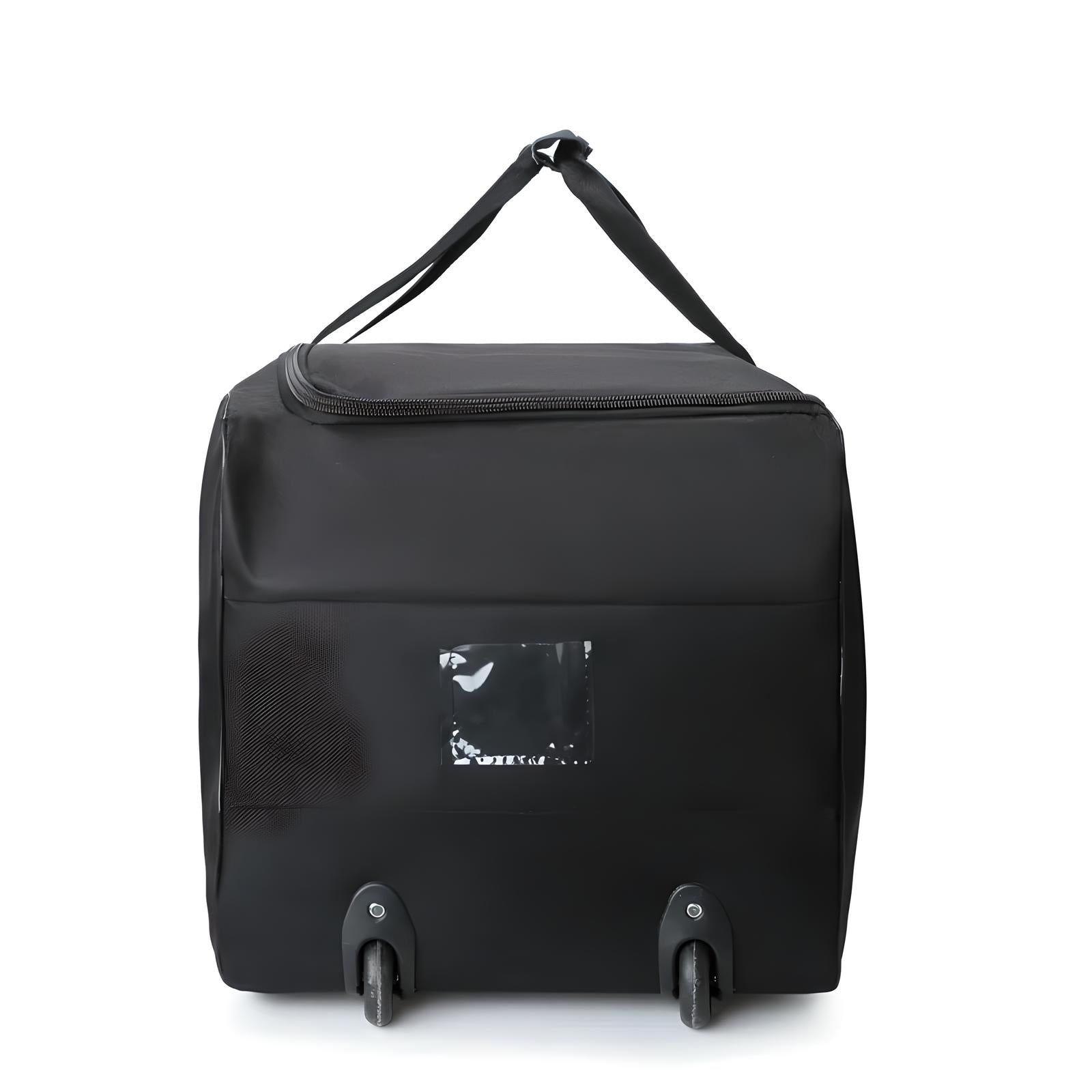 Black rolling travel bag with wheels and top handle, ideal for luggage and storage. Durable design, perfect for travel and easy transportation.