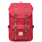 Red vintage-style backpack with brown leather straps, front pocket, and buckle closures. Ideal for travel, school, or hiking. Durable and stylish design.