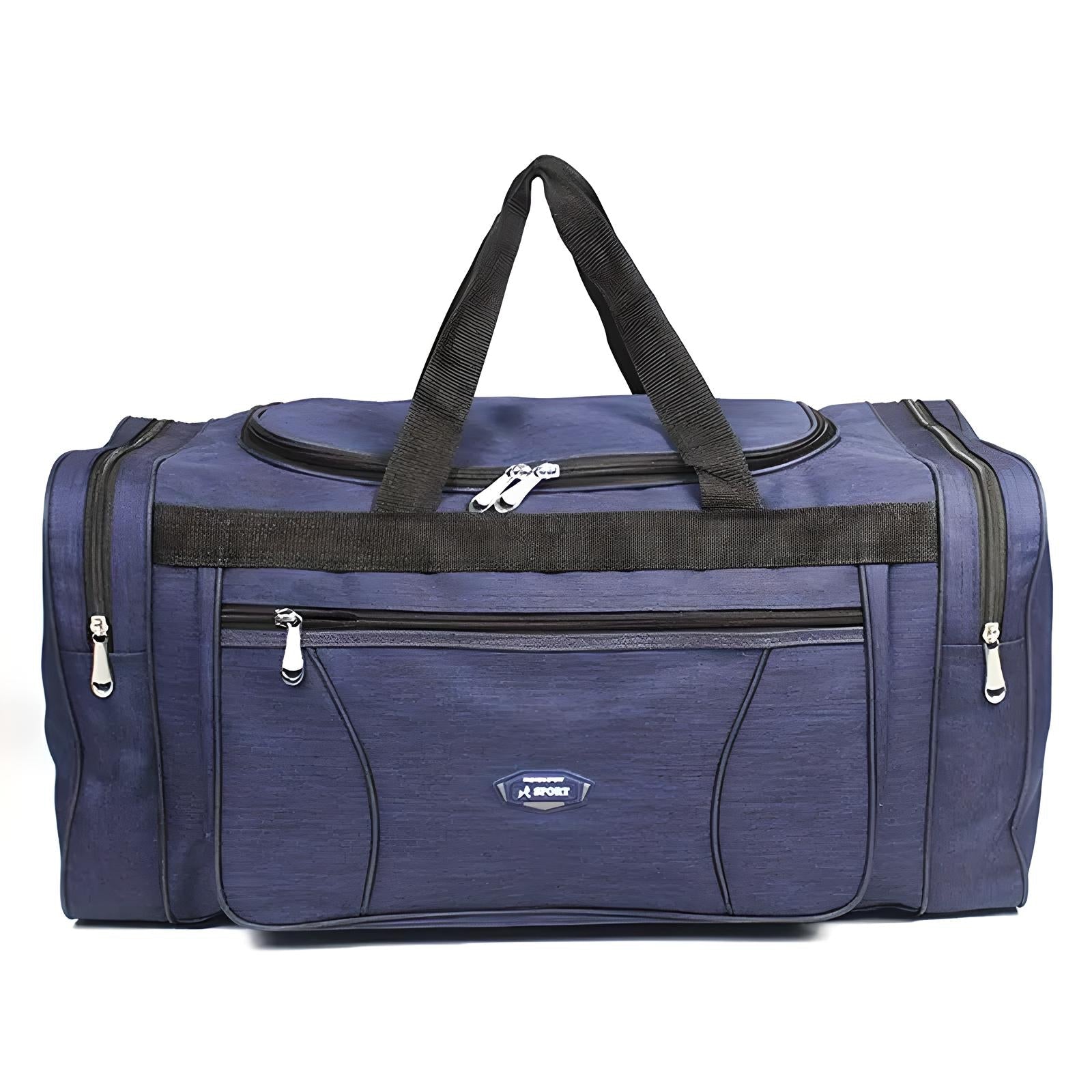 Blue travel duffel bag with multiple zippered compartments, durable handles, and spacious design. Ideal for luggage, gym, or sports use.