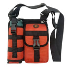 Orange tactical shoulder bag with dual compartments, adjustable strap, and secure buckle closures. Ideal for outdoor activities and travel gear.