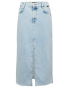 Light blue denim midi skirt with front slit, frayed hem, and belt loops. Casual women's fashion, perfect for summer and spring outfits.