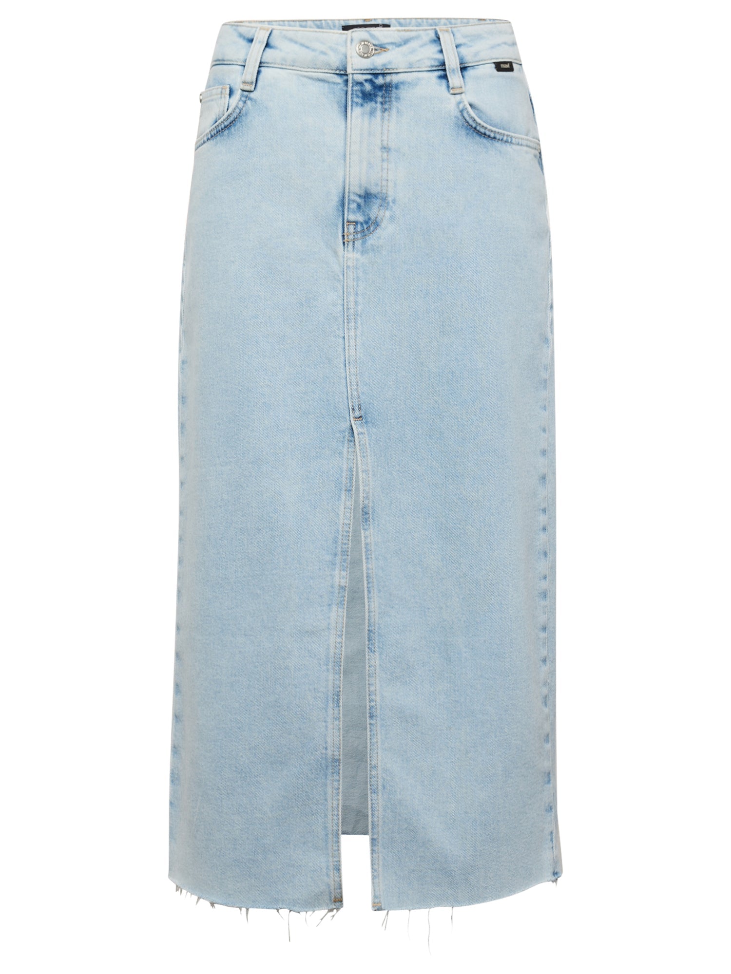 Light blue denim midi skirt with front slit, frayed hem, and belt loops. Casual women's fashion, perfect for summer and spring outfits.