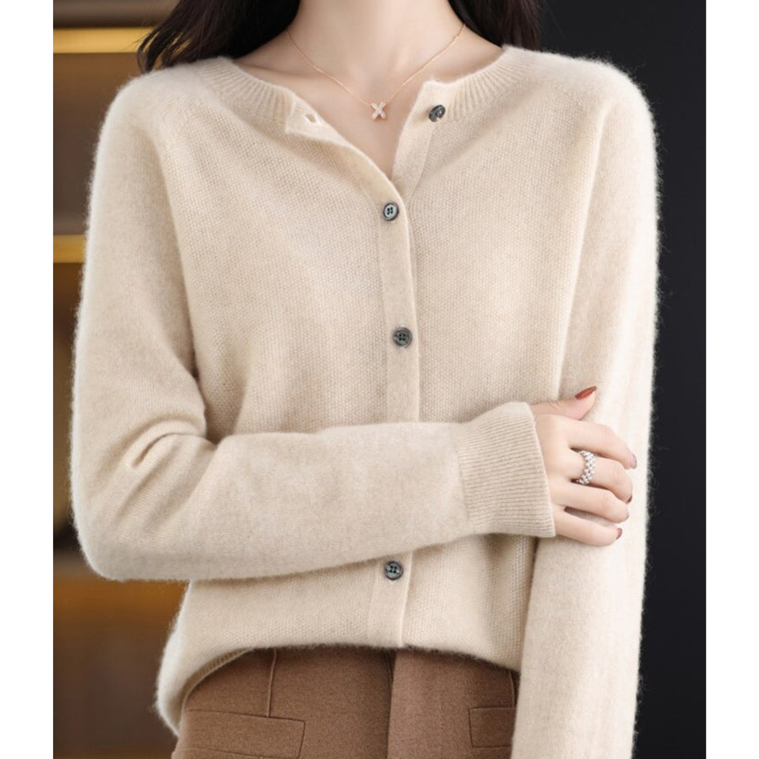 Beige cashmere cardigan sweater, button-up, long sleeve, women's fashion, cozy winter wear.