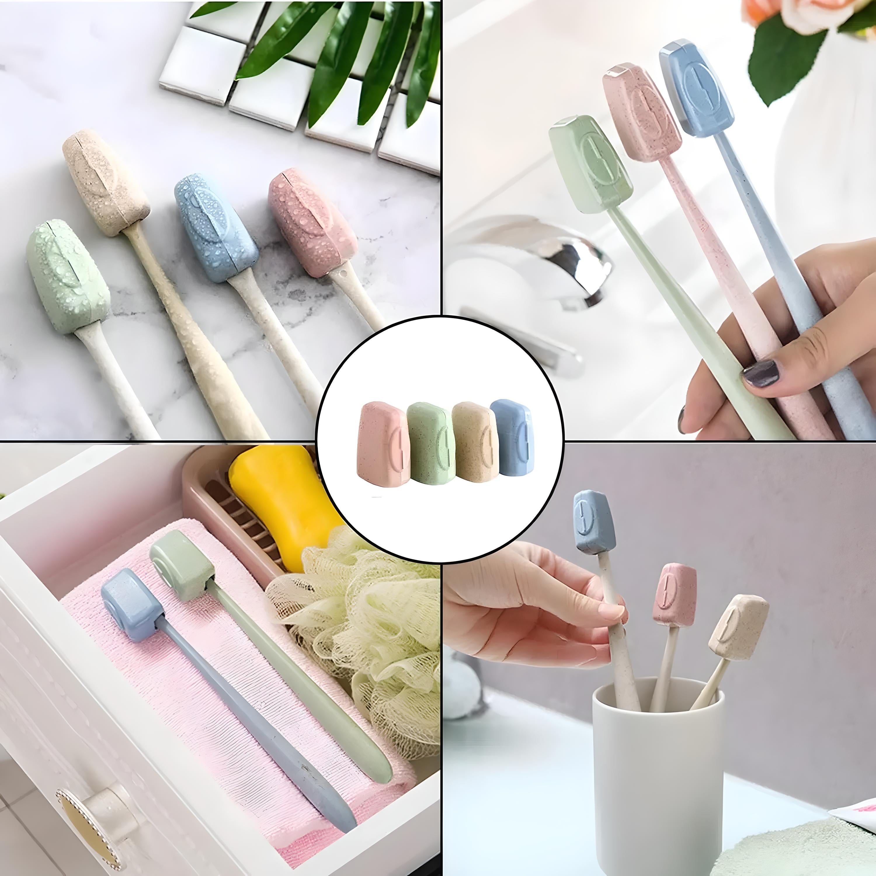 Eco-friendly bamboo toothbrushes with pastel-colored bristles in bathroom settings; sustainable oral care, zero waste, biodegradable toothbrush.