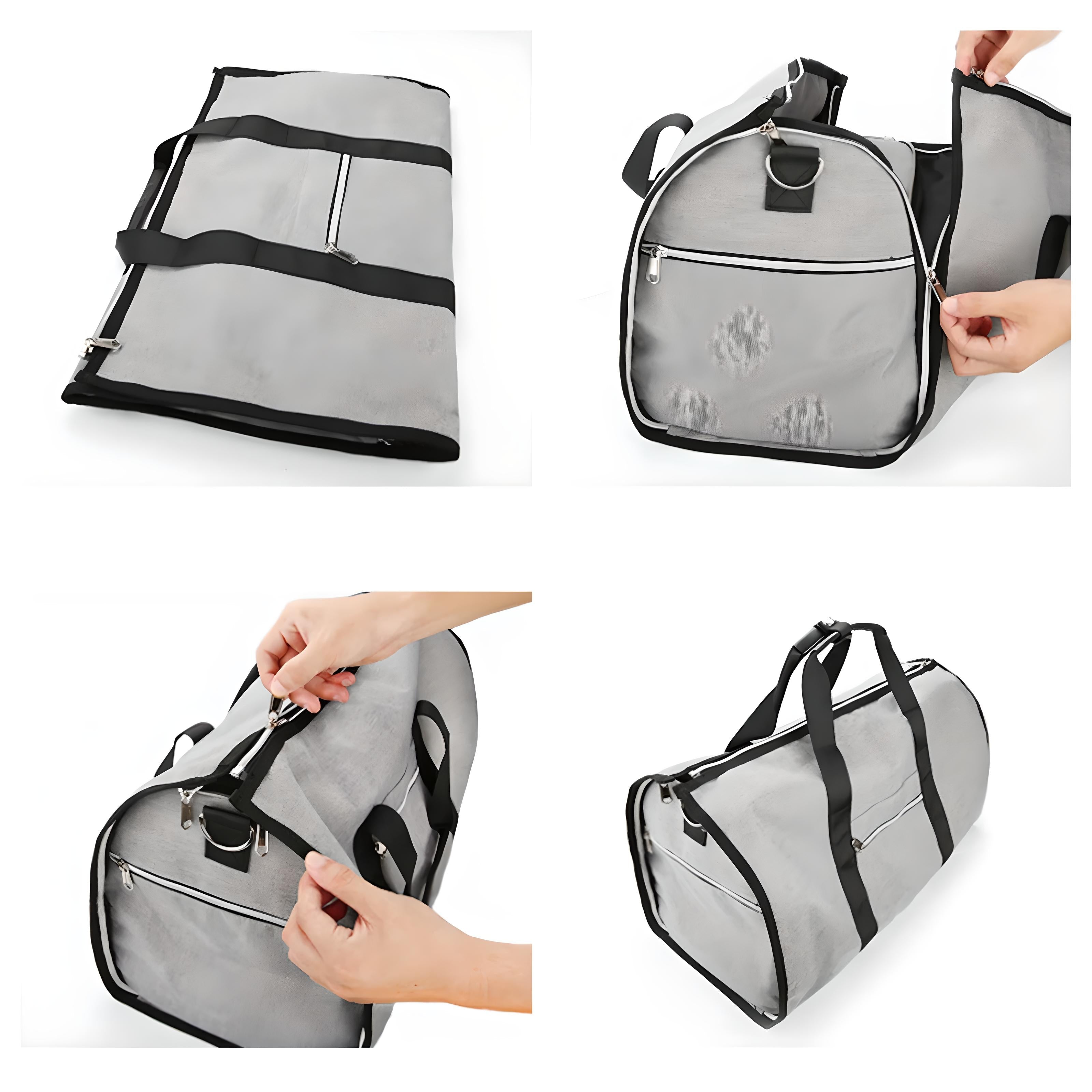 Collapsible gray pet carrier bag with black straps, zippered pockets, and mesh windows. Portable, lightweight, ideal for travel and pet transport.