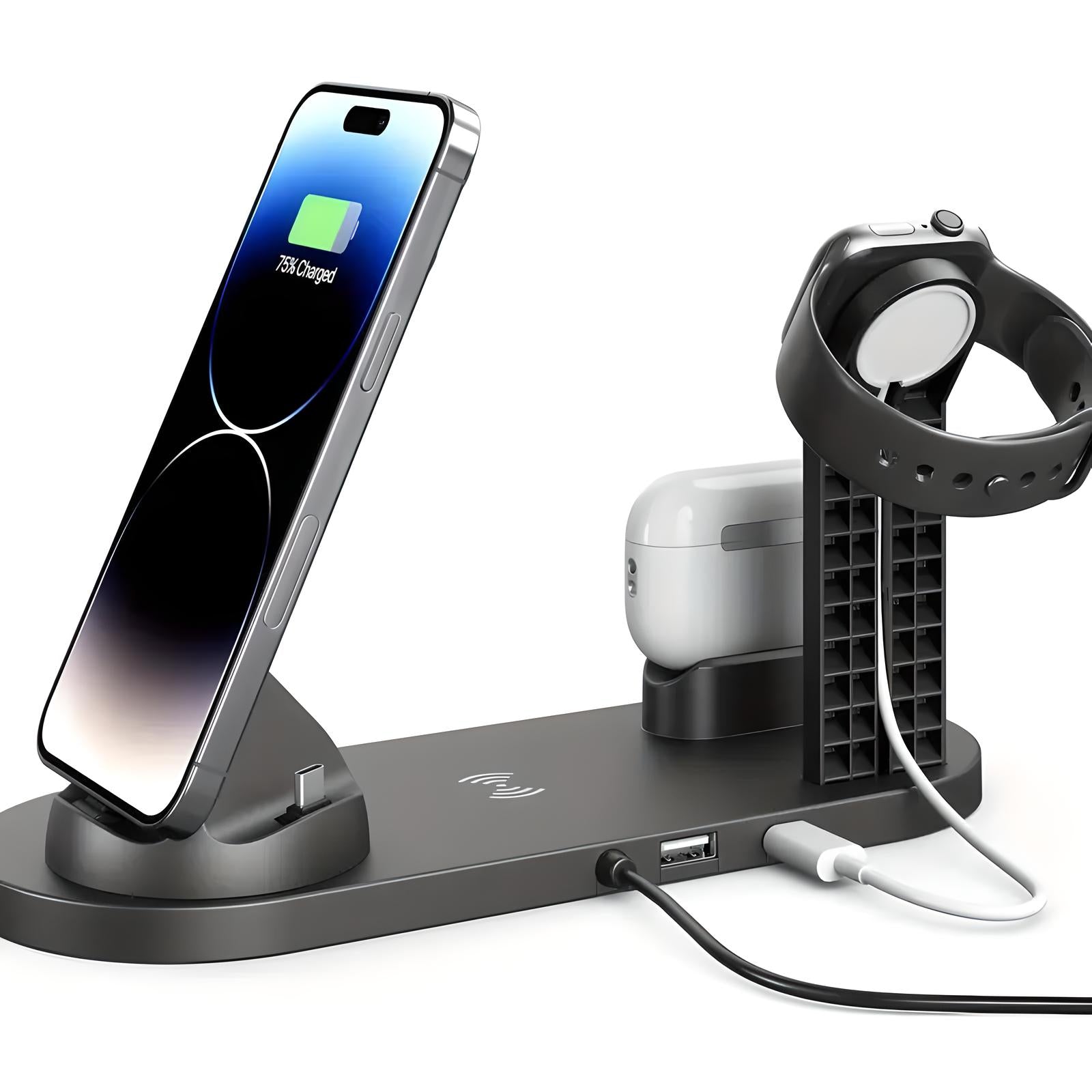 3-in-1 wireless charging station for iPhone, Apple Watch, and AirPods. Sleek black design with USB port, ideal for efficient device charging.