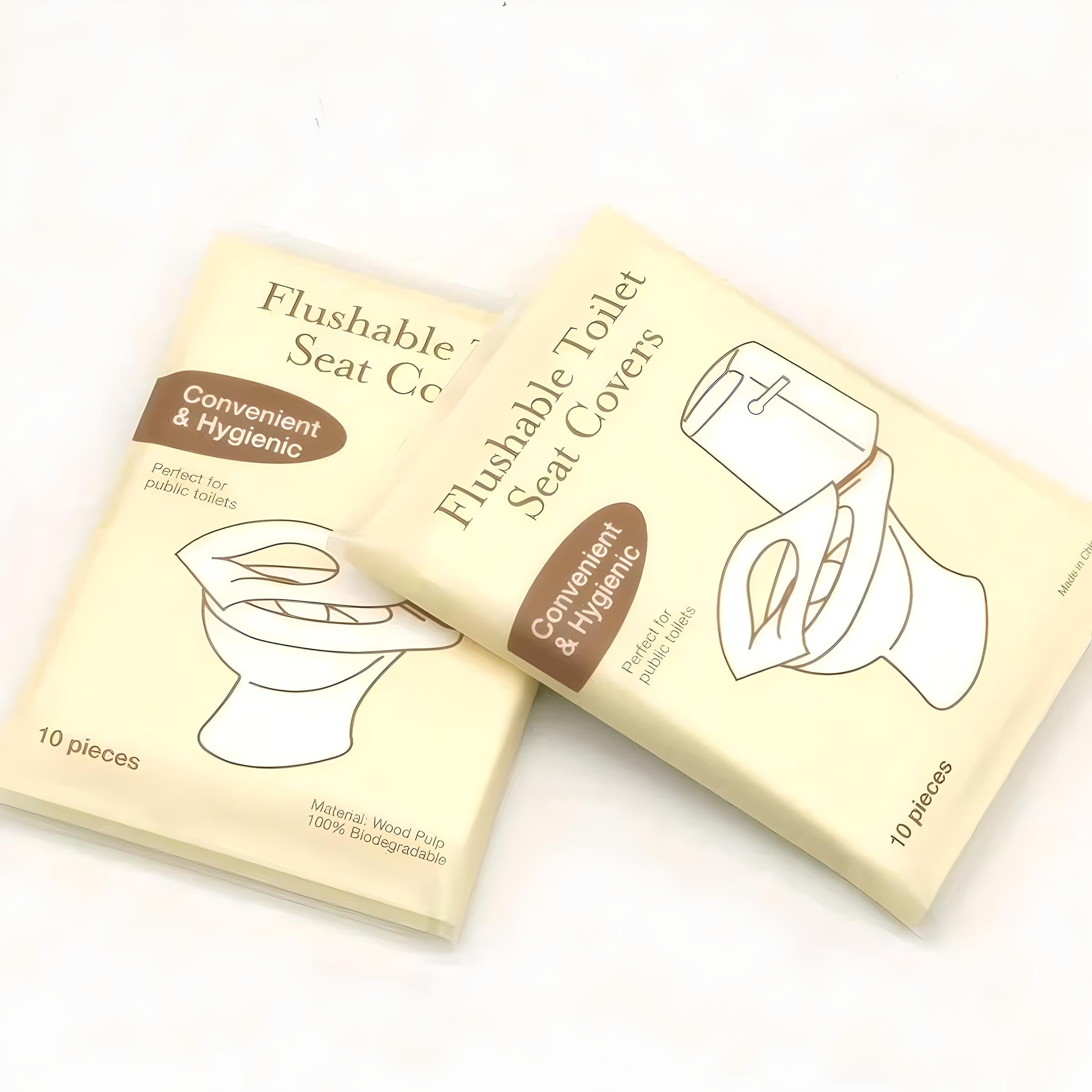 Flushable toilet seat covers packaging, featuring two packs labeled "Convenient & Hygienic," ideal for public restrooms, made from 100% biodegradable wood pulp.