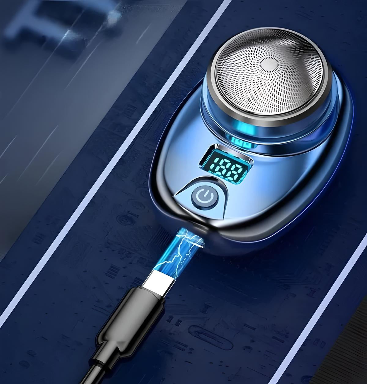 Electric shaver with digital display and USB charging cable on a sleek blue surface, highlighting modern grooming technology and convenience.