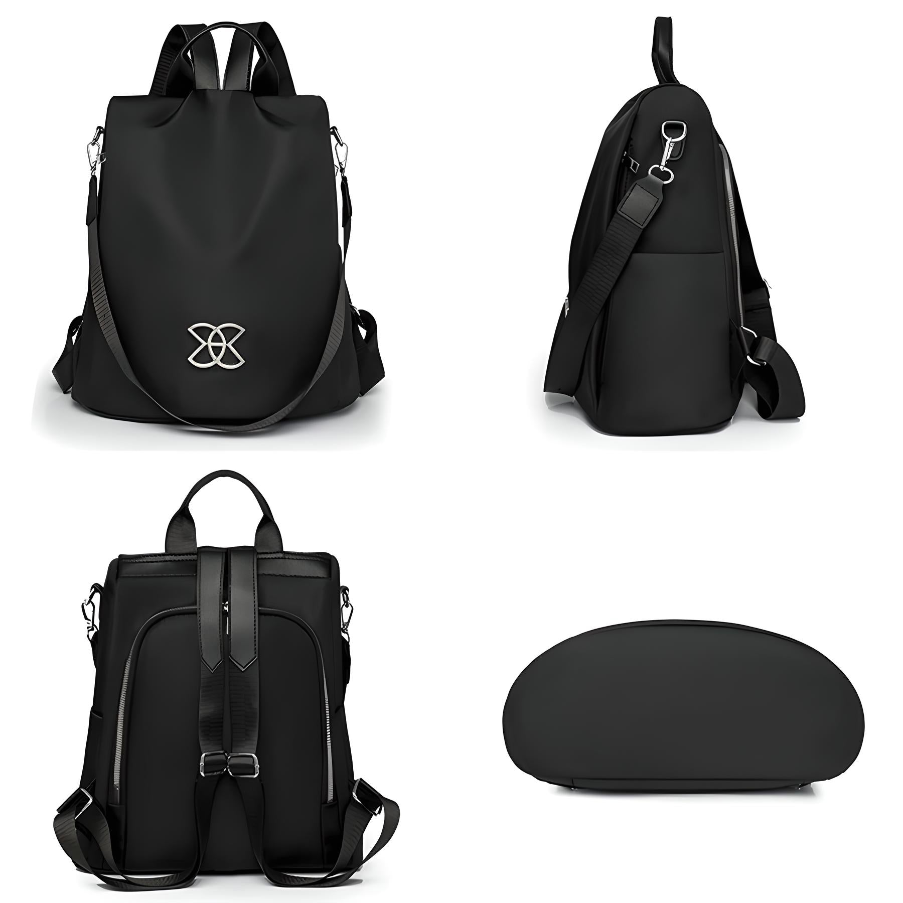 Stylish black leather backpack with adjustable straps, multiple compartments, and sleek design. Perfect for travel, school, or work. Durable and versatile.