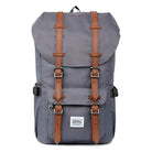 Gray vintage-style backpack with brown leather straps, front pocket, and buckle closures. Ideal for travel, hiking, or school. Durable and stylish design.