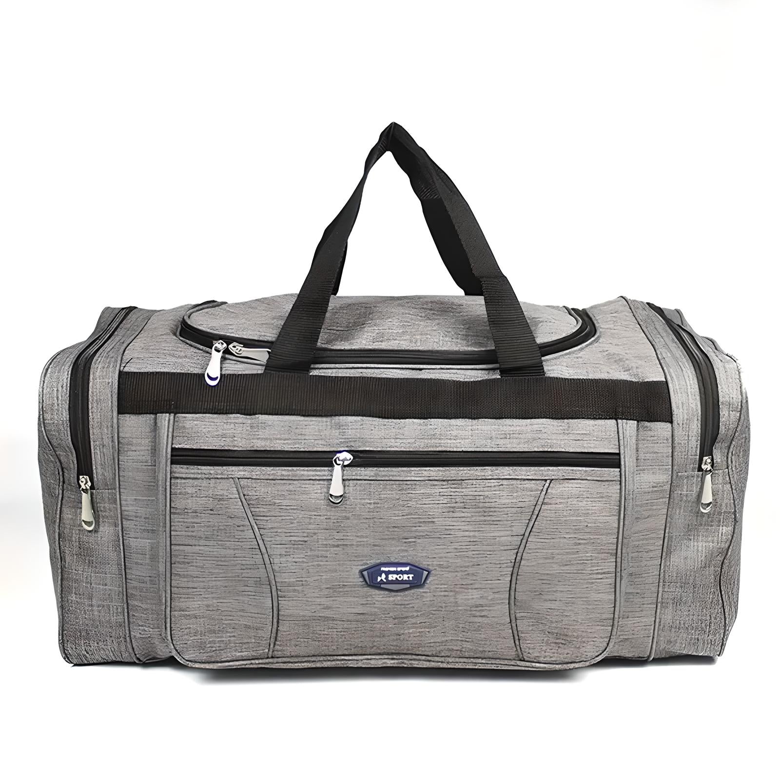 Gray duffel bag with multiple zippered compartments, durable handles, and a sleek design. Ideal for travel, gym, or sports. High-quality fabric.