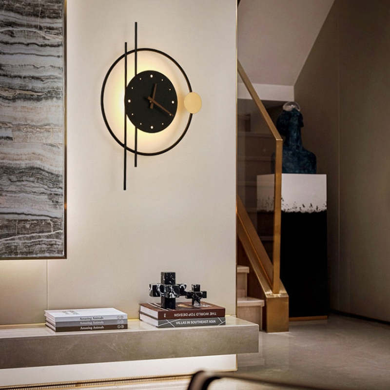 Modern wall clock with geometric design and LED backlight in a stylish living room. Contemporary decor, minimalist aesthetic, home interior.