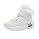 White high-top sneaker with faux fur collar, lace-up design, and unique sole pattern. Stylish winter footwear, trendy casual shoe for women.