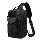 Sleek black tactical sling backpack with multiple compartments, adjustable strap, and durable design. Ideal for travel, hiking, and everyday use.