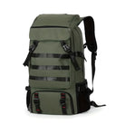 Green tactical backpack with multiple compartments, adjustable straps, and MOLLE webbing. Ideal for hiking, camping, and outdoor adventures.