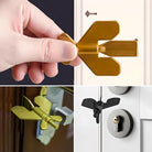 Gold key-shaped door lock opener tool, hand-held, shown in various uses on different locks, enhances security and convenience.