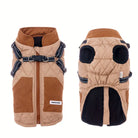 Quilted dog jacket with harness, brown and black, front and back view. Stylish pet apparel, warm winter coat for small to medium dogs.