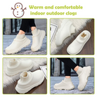 White indoor outdoor clogs with cozy knit socks, perfect for winter. Comfortable, stylish footwear for men and women. Ideal for casual wear.