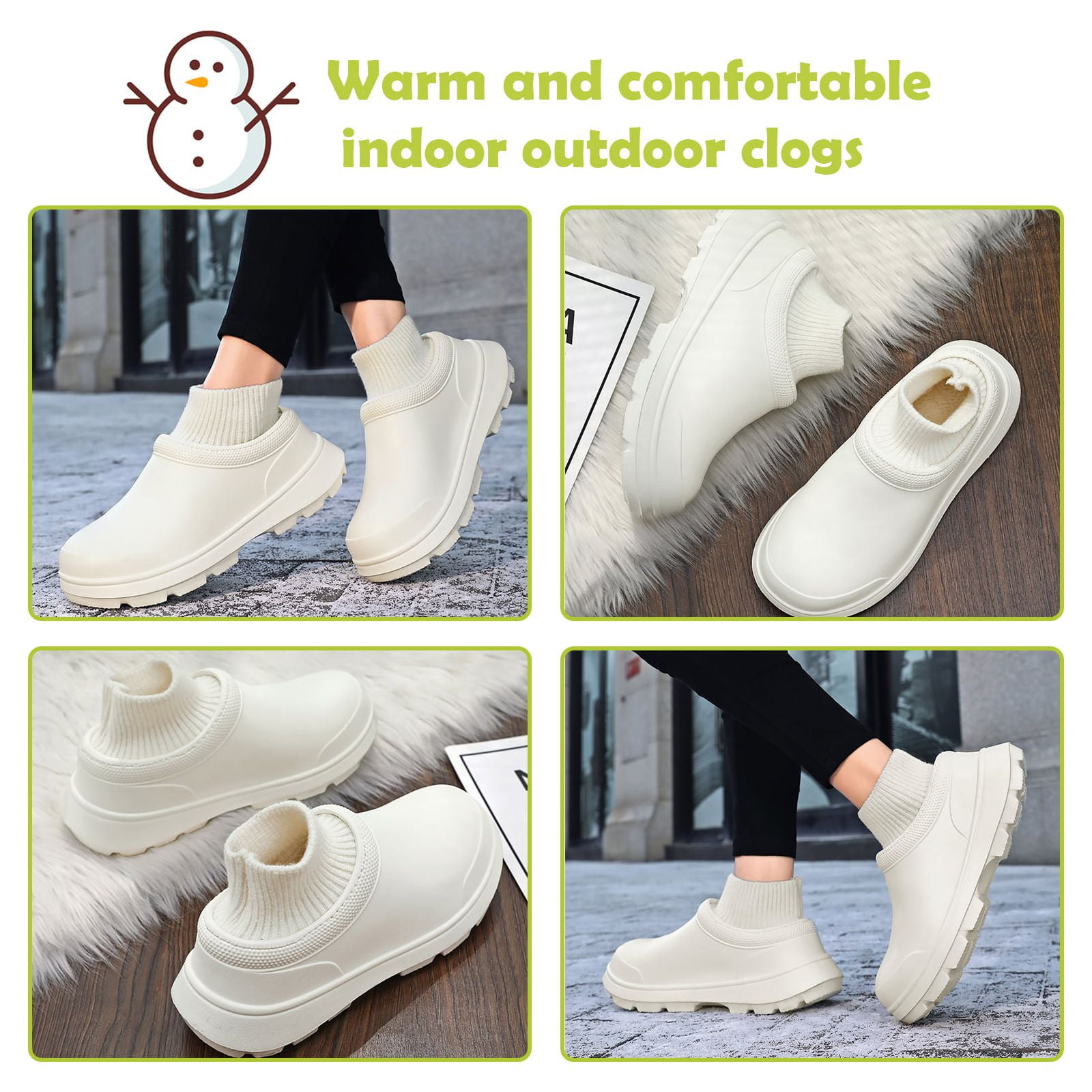 White indoor outdoor clogs with cozy knit socks, perfect for winter. Comfortable, stylish footwear for men and women. Ideal for casual wear.