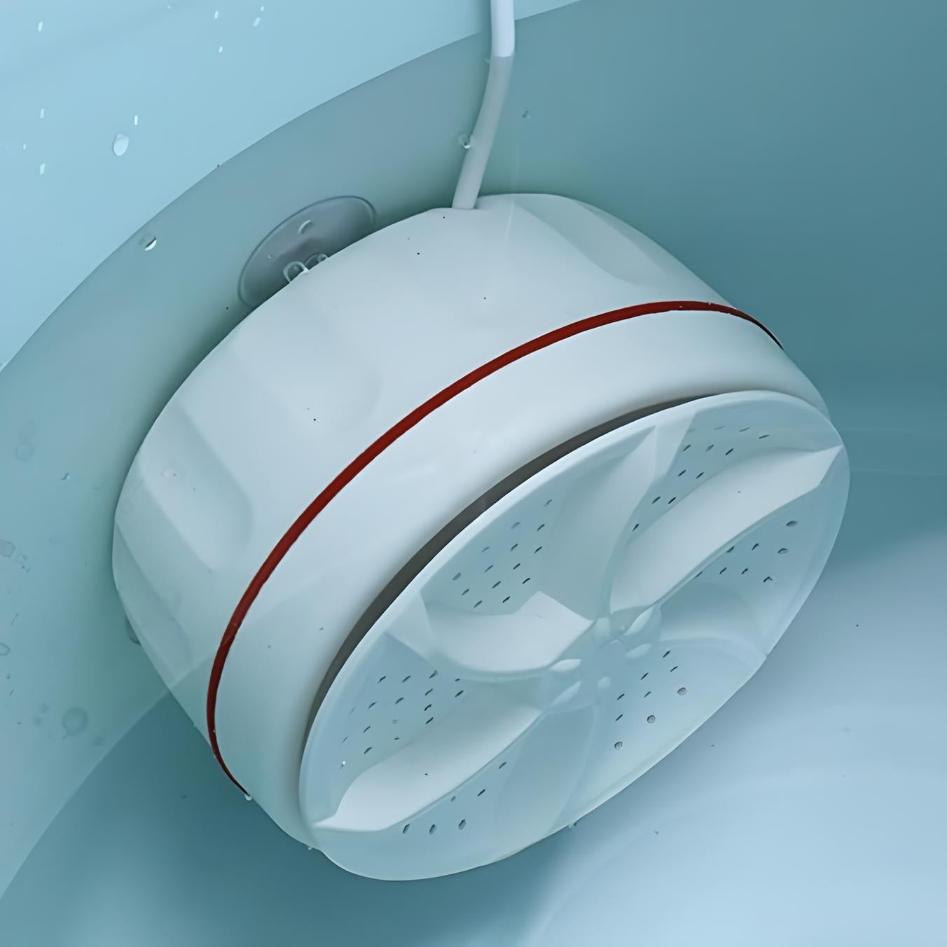 Portable mini washing machine in a bathtub, featuring a compact design with a white body and red accent, ideal for small spaces and travel use.