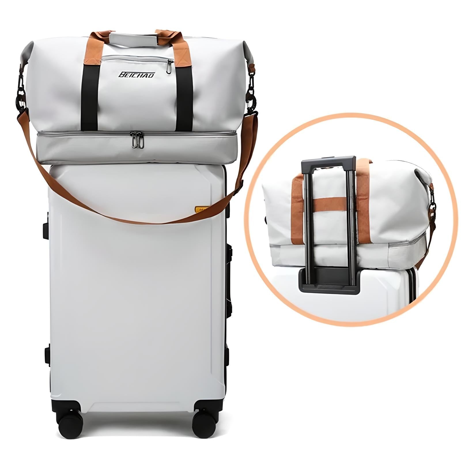 White hard-shell suitcase with attached tan and white duffel bag, featuring durable wheels and telescopic handle. Ideal travel luggage set.