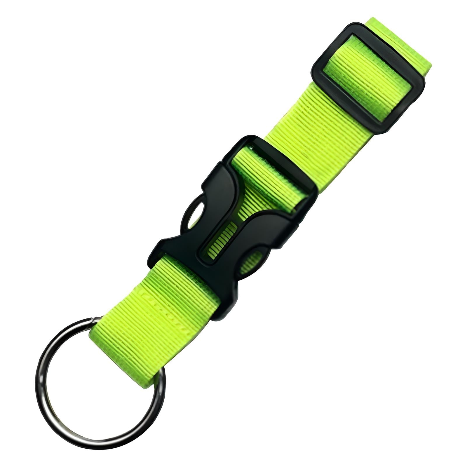 Neon green keychain strap with black plastic buckle and metal keyring. Durable, adjustable, and stylish accessory for keys or bags.