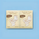 Flushable toilet seat covers pack on blue background, featuring 10 pieces. Convenient and hygienic, ideal for public restrooms. Eco-friendly design.