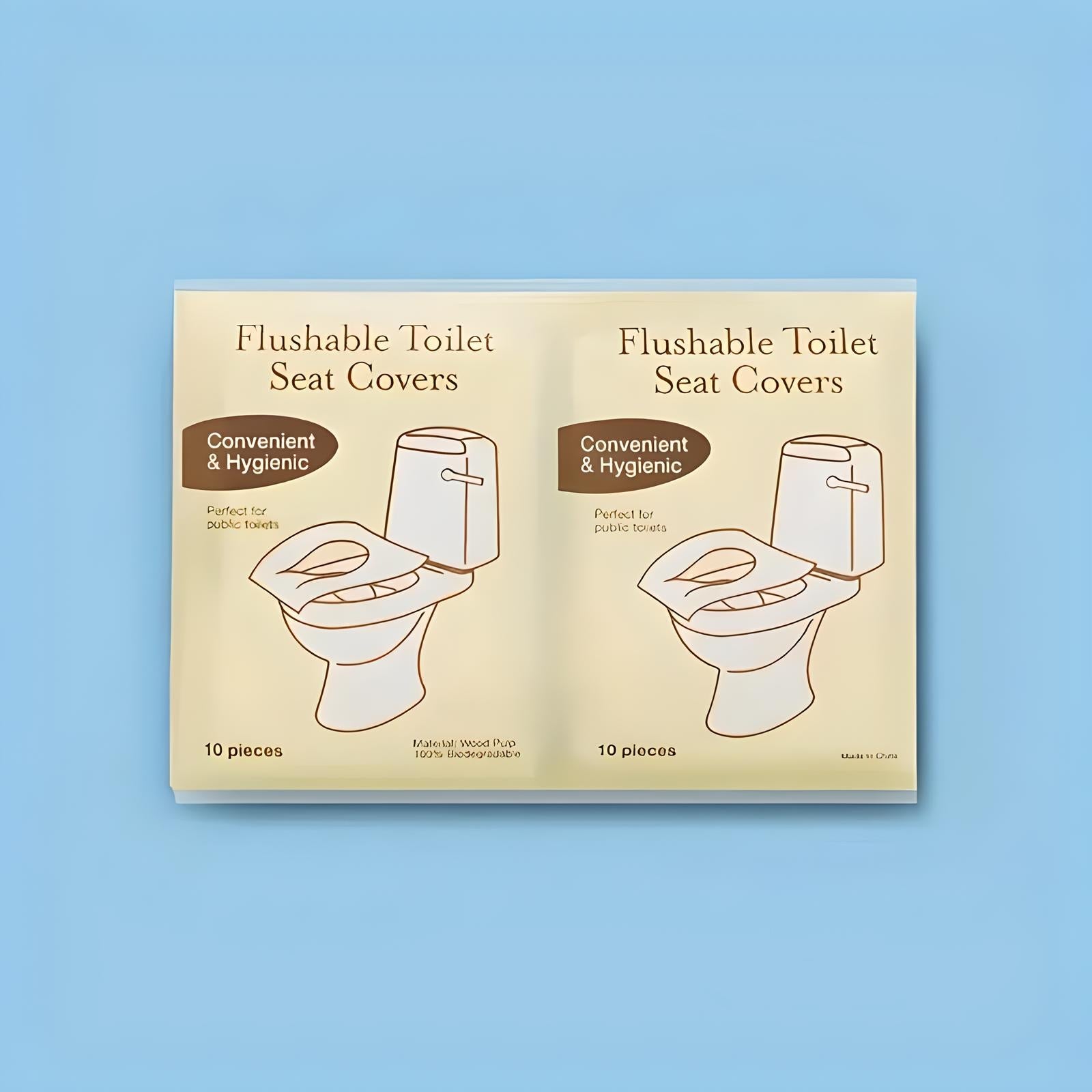 Flushable toilet seat covers pack on blue background, featuring 10 pieces. Convenient and hygienic, ideal for public restrooms. Eco-friendly design.