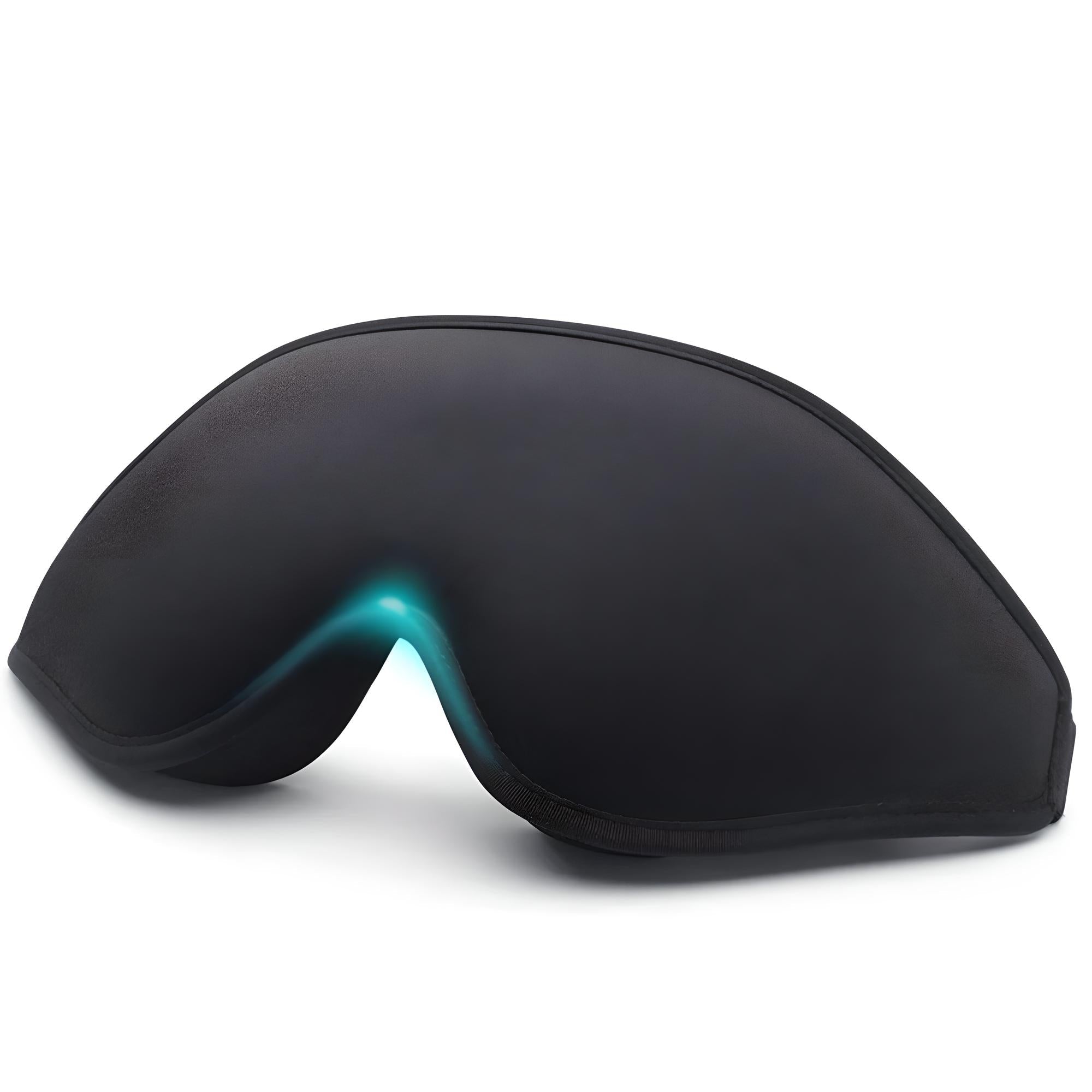 Black sleep mask with ergonomic design, featuring a contoured shape for comfort and light blocking. Ideal for travel, relaxation, and better sleep.