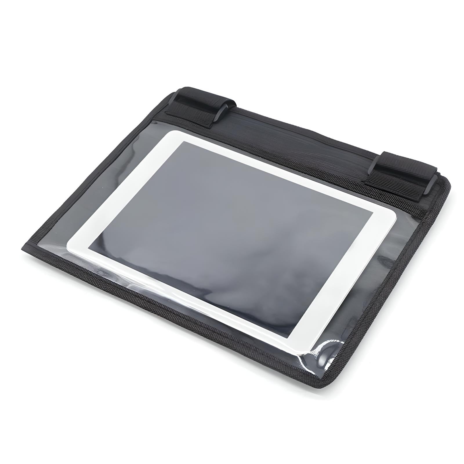 Black tablet holder with transparent front pocket, securely holding a white tablet. Ideal for travel, protection, and easy access to touchscreen devices.