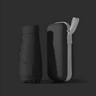 Sleek black water bottle and matching portable power bank with strap on dark background. Modern design, travel essentials, eco-friendly accessories.