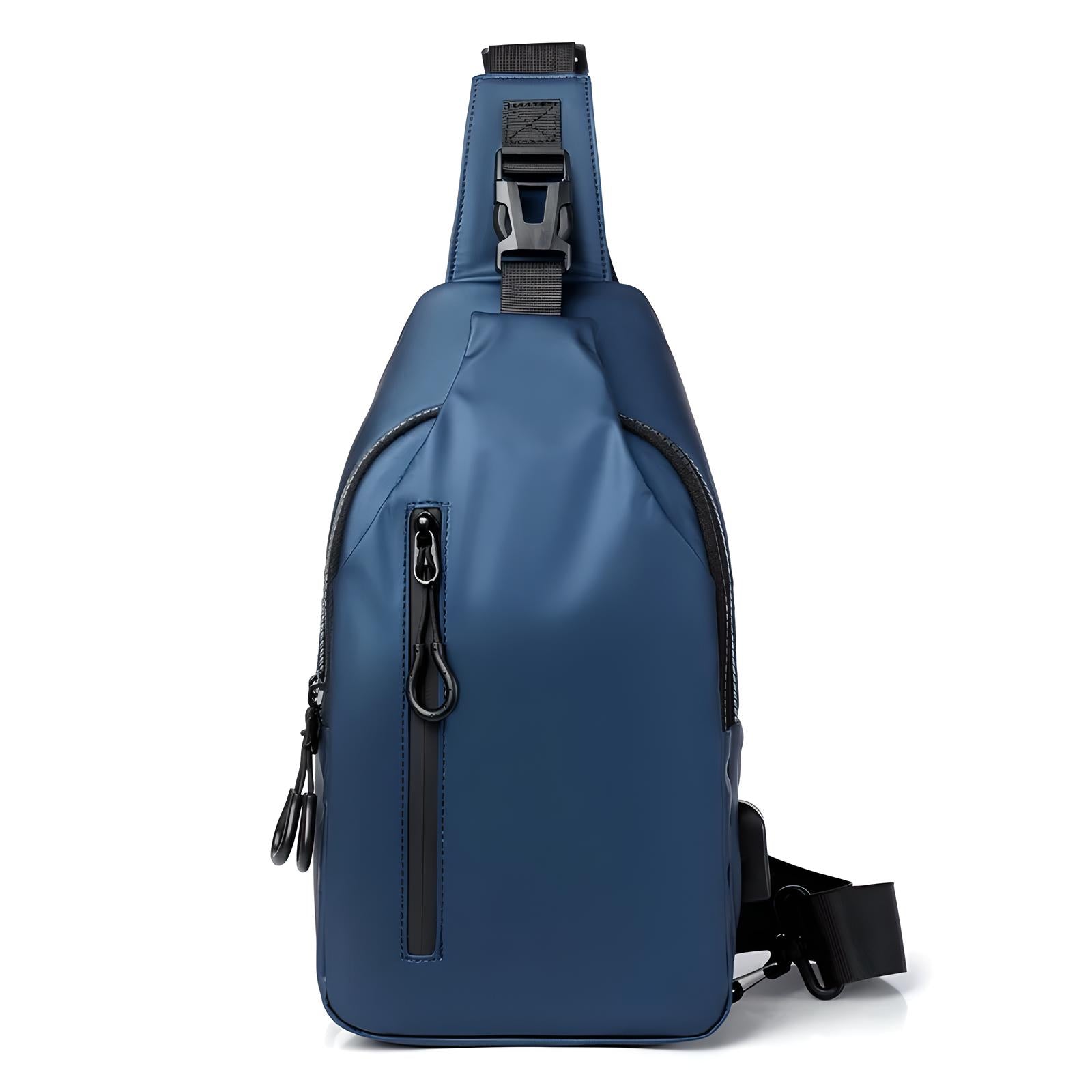 Sleek blue crossbody sling bag with adjustable strap, waterproof material, and front zipper pocket. Ideal for travel, hiking, and daily use.