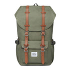 Olive green backpack with brown leather straps, front pocket, and adjustable buckles. Ideal for travel, hiking, and outdoor adventures. Durable and stylish.