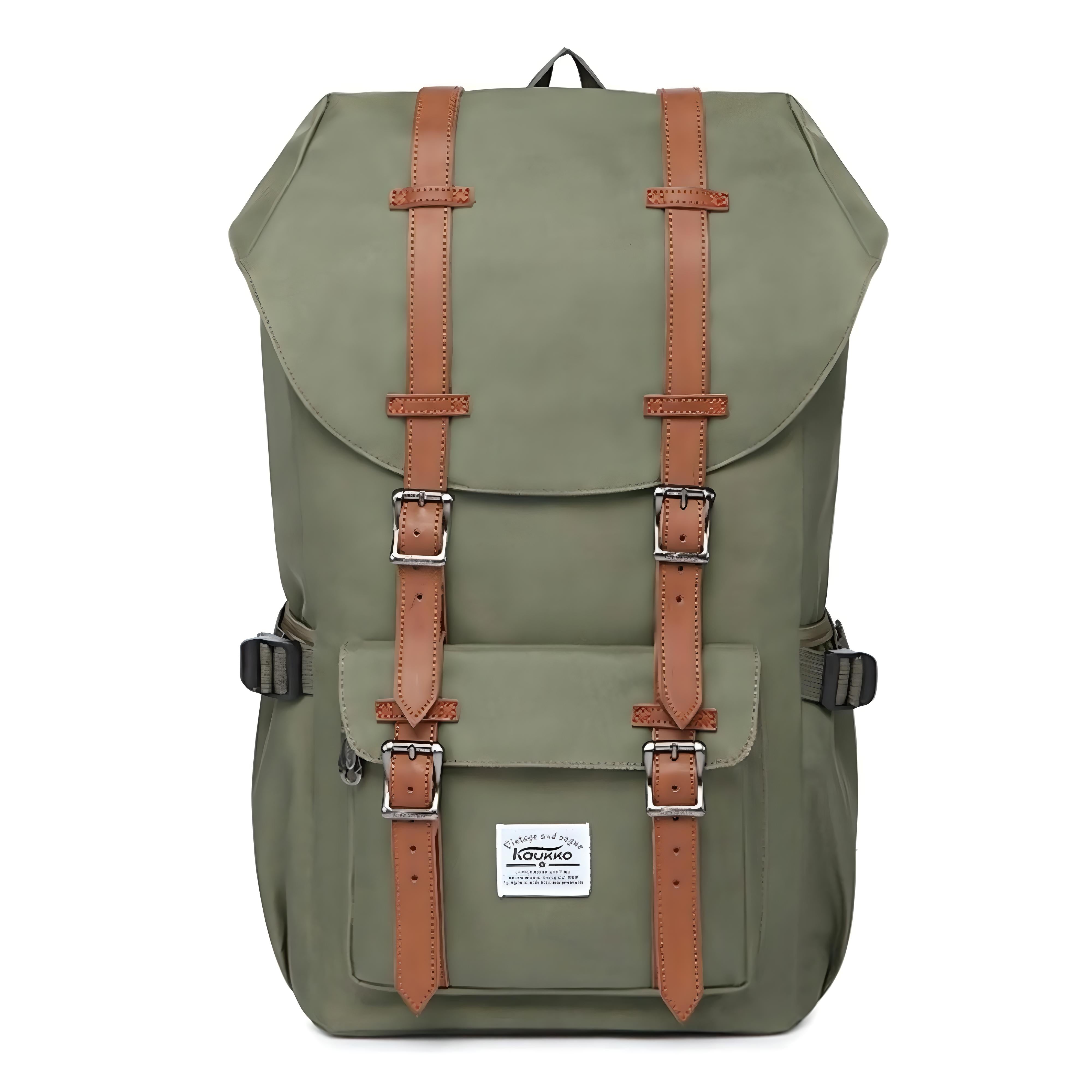 Olive green backpack with brown leather straps, front pocket, and adjustable buckles. Ideal for travel, hiking, and outdoor adventures. Durable and stylish.