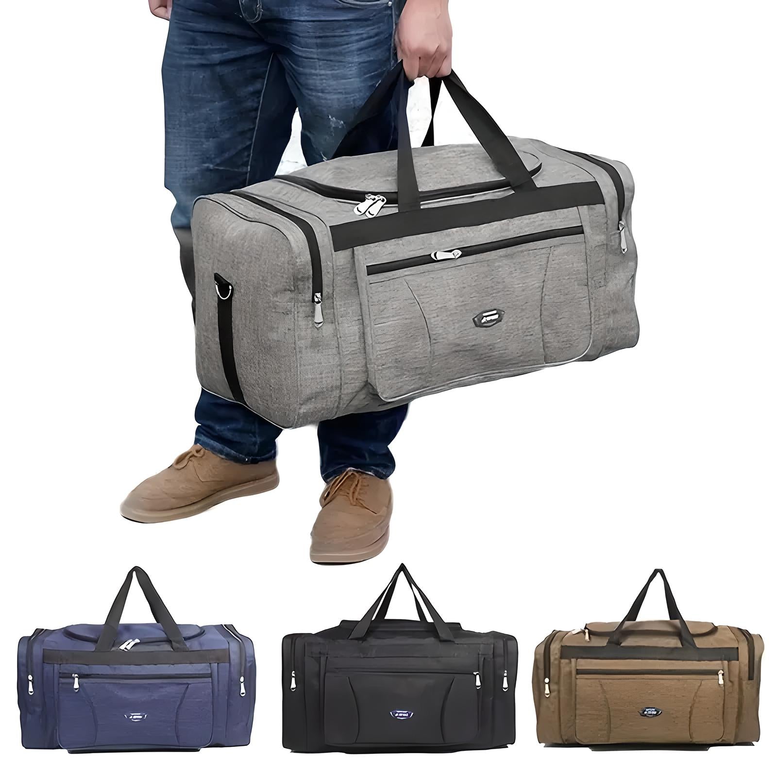 Man holding a large gray travel duffel bag with multiple pockets, durable handles, and zipper closures. Additional blue, black, and brown bags displayed below.