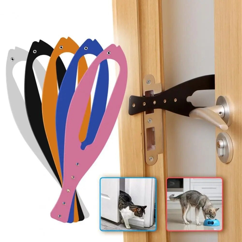 Pet door stopper in various colors on a door handle, preventing pets from opening doors. Includes images of a cat and dog interacting with the device.