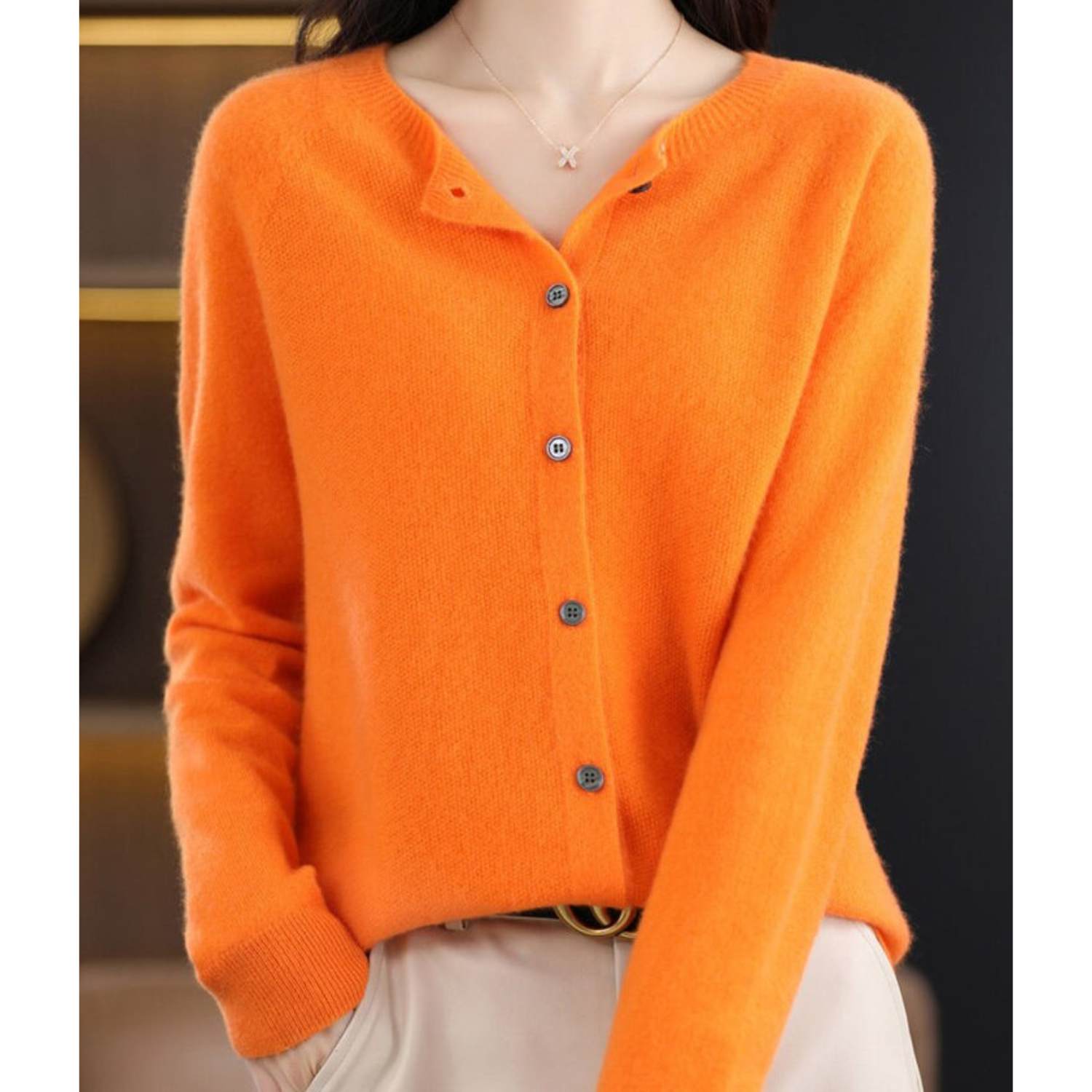 Orange cashmere cardigan sweater, button-up, women's fashion, cozy fall clothing.