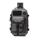 Sleek gray tactical backpack with multiple compartments, durable straps, and modern design. Ideal for travel, hiking, and outdoor adventures.