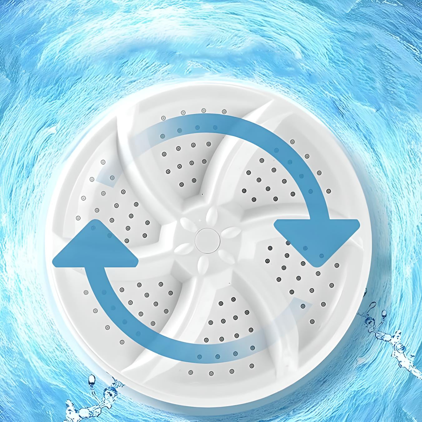 Portable washing machine turbine with blue water swirl background, featuring rotating arrows. Ideal for compact laundry solutions and efficient cleaning.