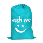 Teal laundry bag with "wash me" text and smiley face design, perfect for organizing clothes. Durable, stylish laundry storage solution.