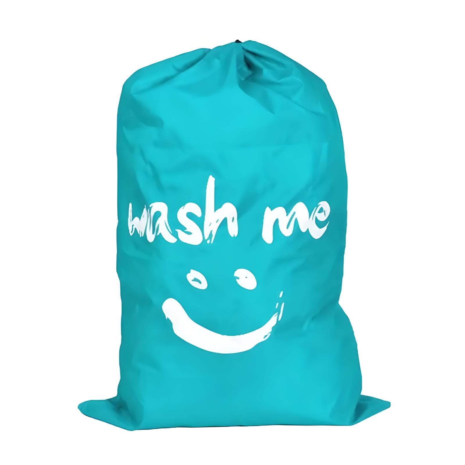 Teal laundry bag with "wash me" text and smiley face design, perfect for organizing clothes. Durable, stylish laundry storage solution.