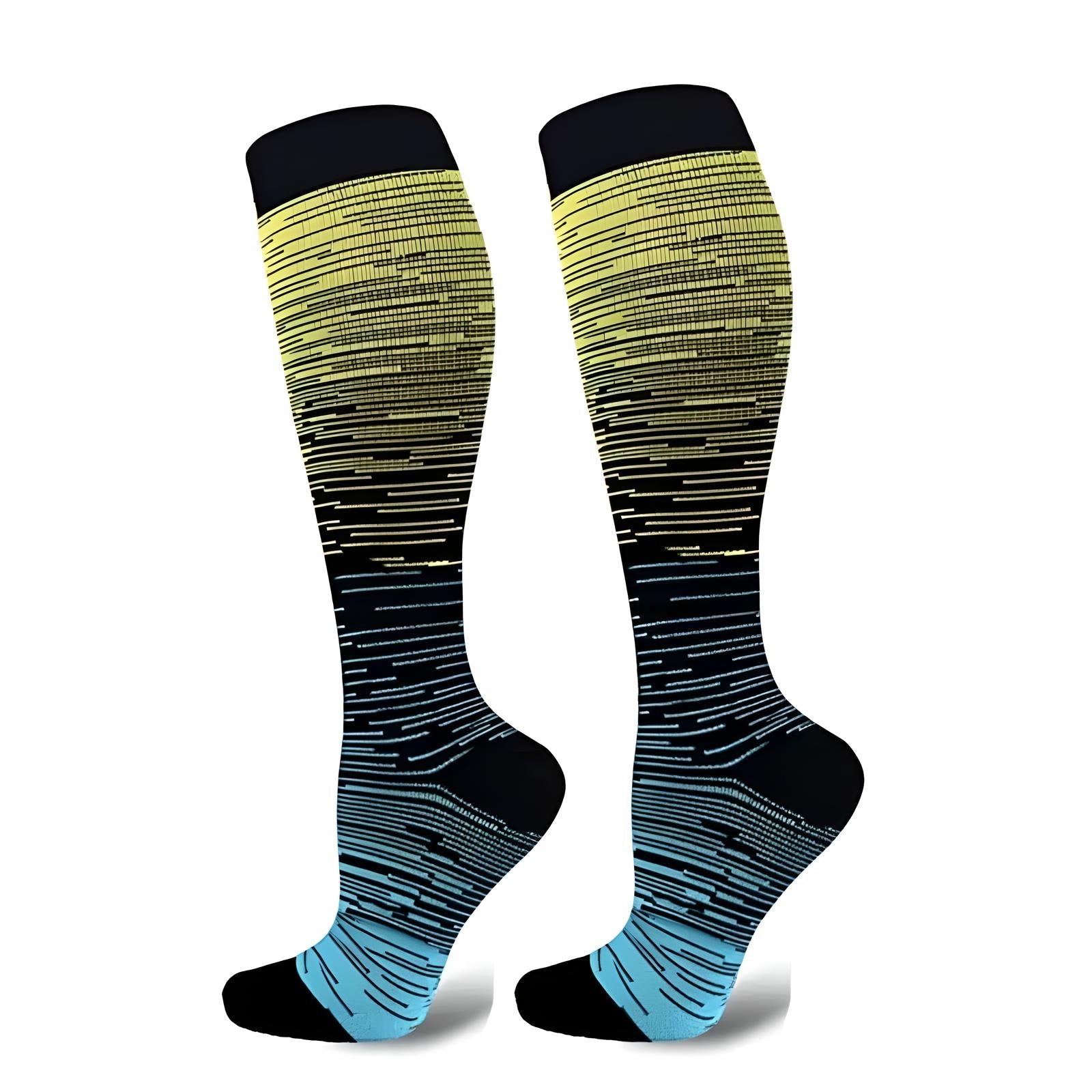 Colorful gradient knee-high compression socks with black, yellow, and blue stripes, designed for athletic performance and improved circulation.