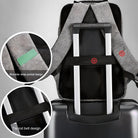 Backpack with shoulder strap pocket and tie rod belt design, attached to a suitcase handle. Ideal for travel, featuring convenient storage solutions.