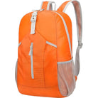 Bright orange backpack with gray accents, featuring a front zipper pocket, mesh side pockets, and adjustable straps. Ideal for travel and outdoor activities.