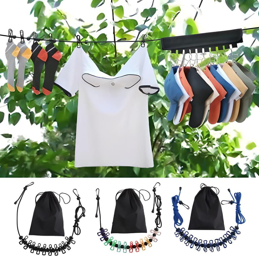 Clothesline with colorful socks, white shirt, and hats hanging outdoors; includes travel clothesline kit with clips and storage bag. Perfect for camping.