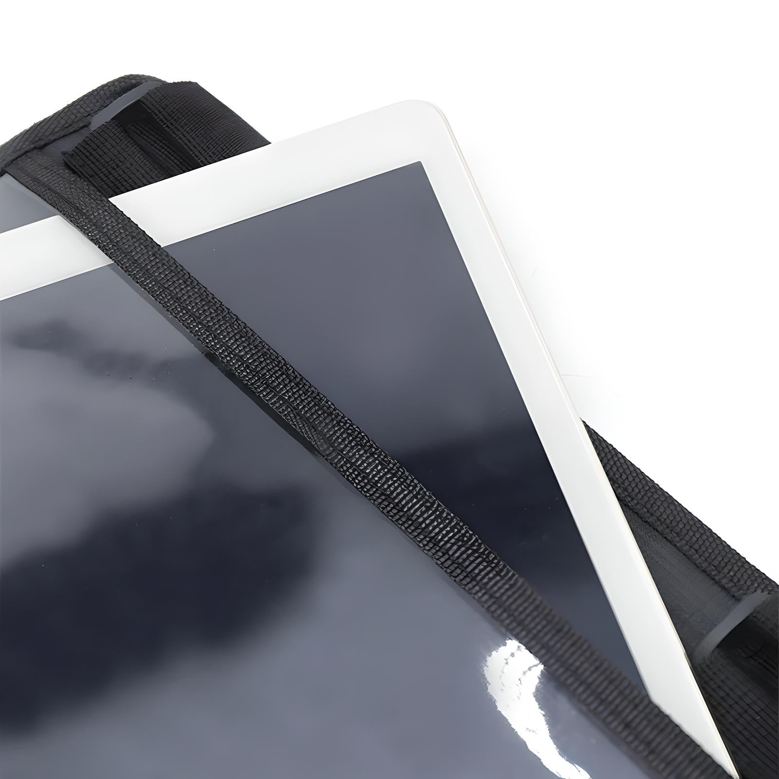 Close-up of a white tablet with a black strap, showcasing sleek design and glossy screen. Ideal for tech enthusiasts and modern gadget lovers.