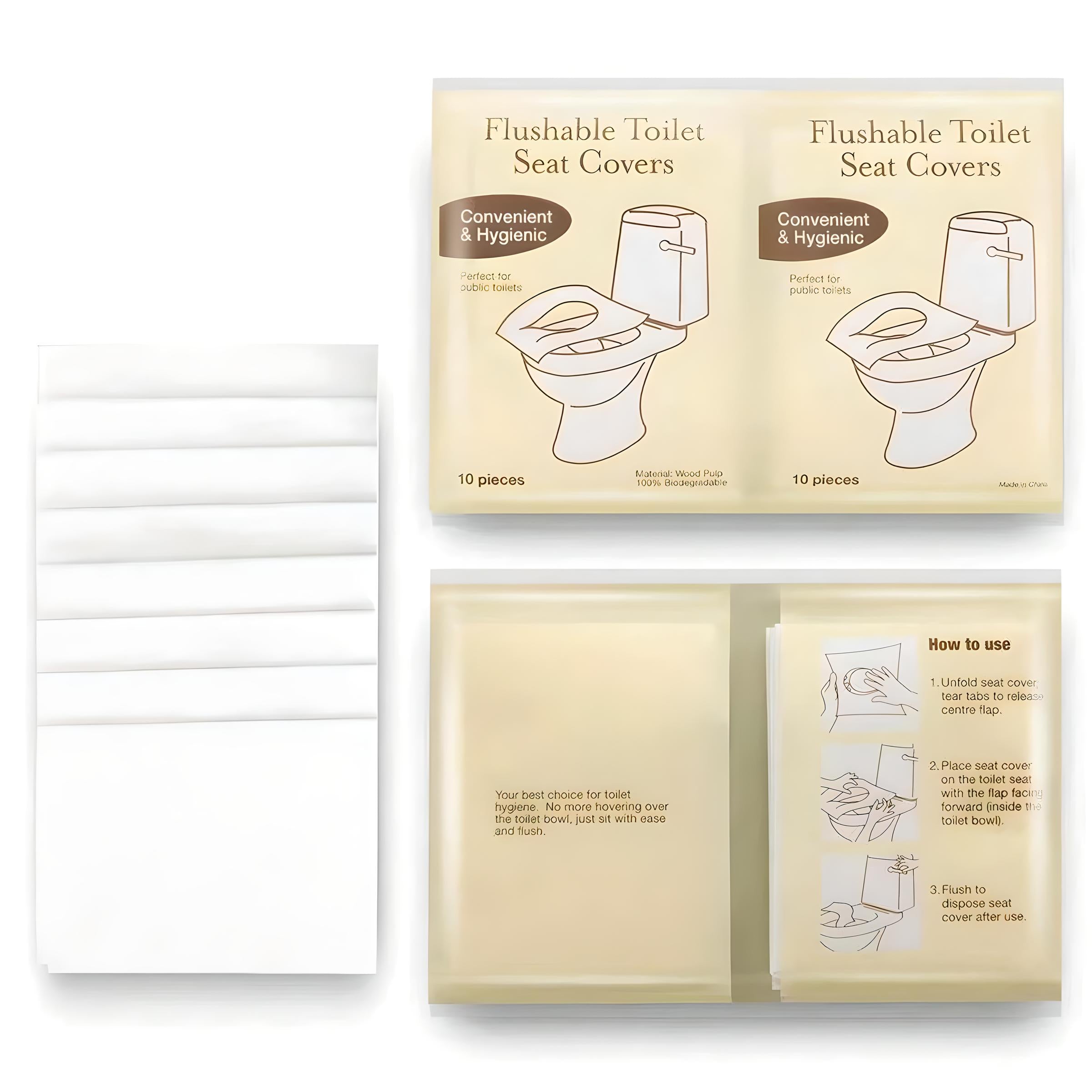 Flushable toilet seat covers pack with 10 pieces, featuring hygienic, convenient design. Includes usage instructions. Ideal for travel and public restrooms.